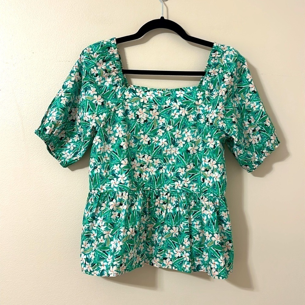 Jade Womens Green Floral Print Puff Sleeve Linen Blend Top Sz Small Preppy Chic - Picture 2 of 7